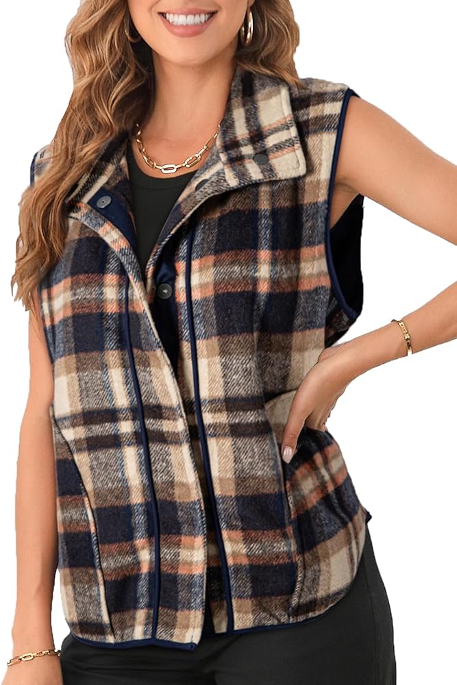 Dokotoo Womens Plaid Vest Lapel Button-Down Sleeveless Flannel Shirts Casual Oversized Tunic Shacket Jacket