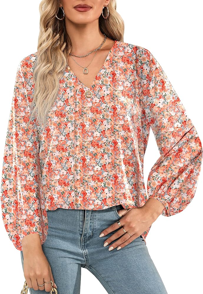 Chunoy Women V Neck Floral Print Loose Shirt Lightweight Long Sleeve Blouse Tops