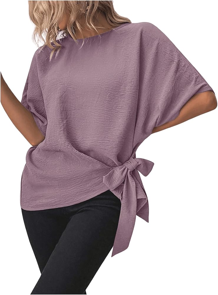 Verdusa Women's Batwing Sleeve Knot Side Round Neck Blouse Shirt Top