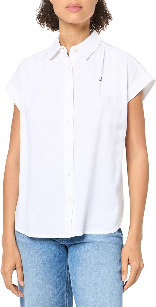 Nautica Women's Linen Blend Short Sleeve Button Through Shirt