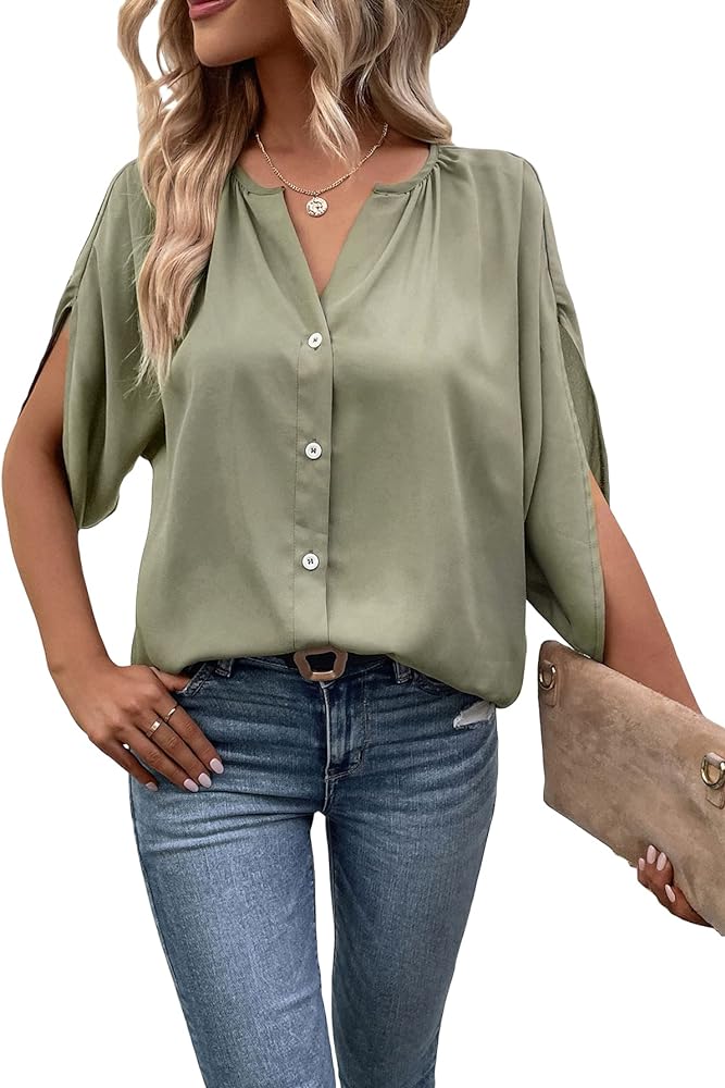 SOLY HUX Women's Notched Neck Button Front Shirt Split Half Sleeve Summer Blouse Tops