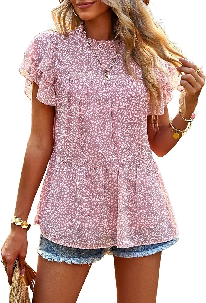 Women's Casual Floral Tops Printed Ruffle Hem Short Sleeve Babydoll Shirts Mock Neck Blouse Tops