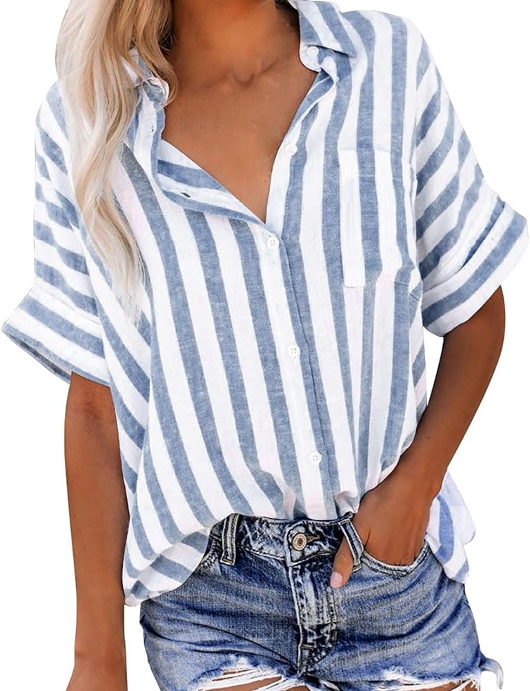 Women Striped Button Down Shirts Cotton Linen Blouse Tops Short Sleeve Collar Guaze Shirt Trendy Vacation Work Clothes