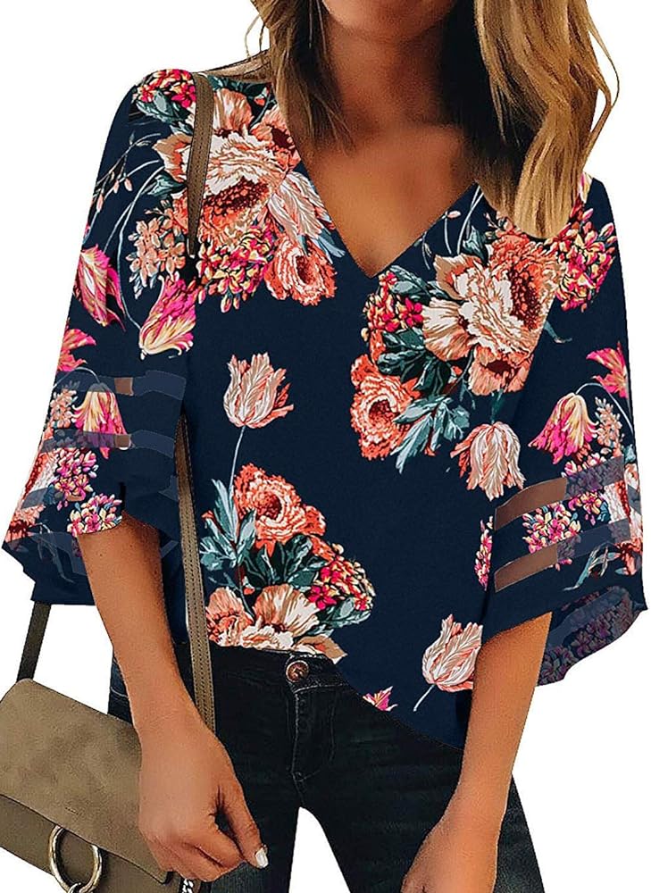 BLENCOT Womens 3/4 Bell Sleeve V Neck Lace Patchwork Floral Blouse Casual Loose Shirt Tops S-2XL