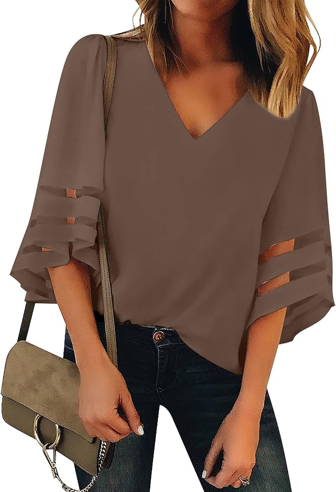 Utyful Dressy Tops for Women Women's Summer Casual V Neck Mesh Panel 3/4 Bell Sleeve Loose Blouse Top