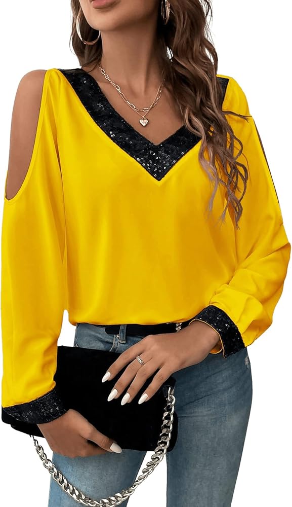 SOLY HUX Women's Contrast Sequin Blouse V Neck Cold Shoulder Long Sleeve Blouse Tops