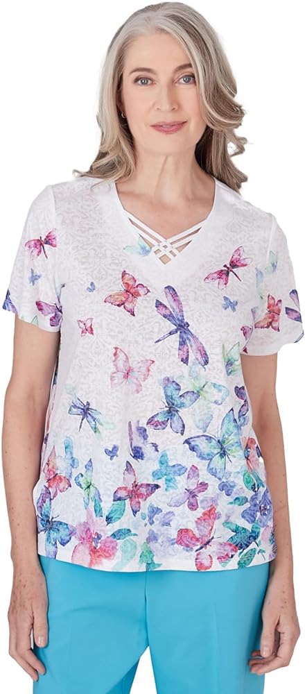 Alfred Dunner Women's Summer Breeze Butterfly Border Shirt Sleeve Top