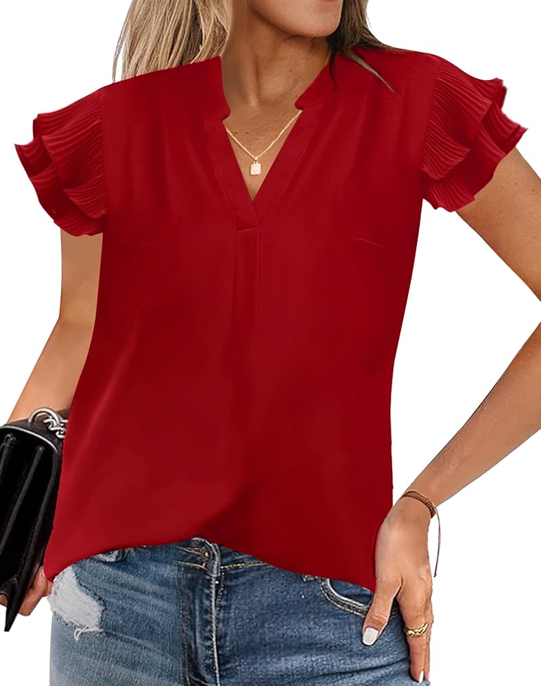 Womens Summer Tops Dressy Casual Work Blouses V Neck Ruffle Short Sleeve Shirts Tunics 2024