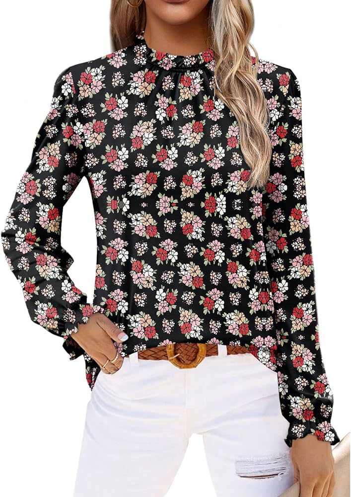 Women's Frill Mock Neck Tops Long Sleeve Floral Solid Dressy Casual 2023 Fall Fashion Blouses Shirts