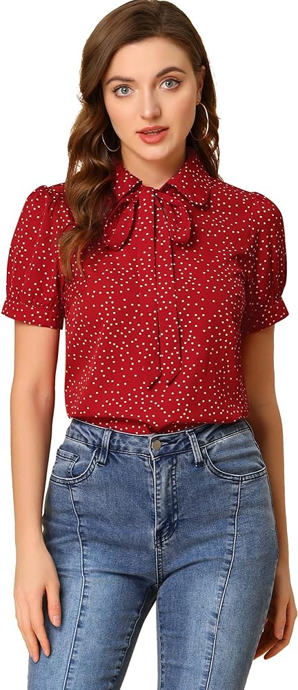 Allegra K Women's Retro Dots Blouses Bow Tie Peter Pan Collar Chiffon Blouse