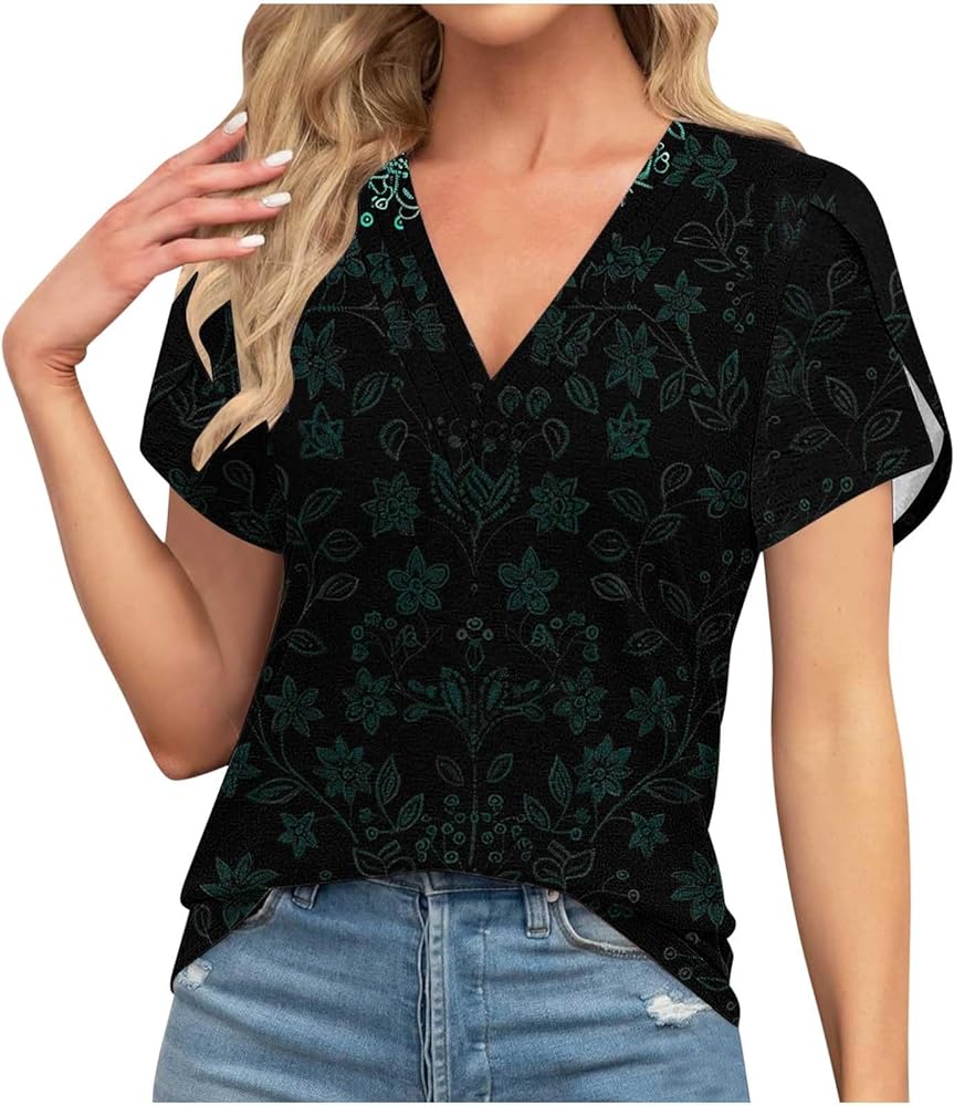 Women Summer Casual V-neck Short Sleeve Shirts T-shirt Fashion Floral Printed Tops Loose Comfy Blouse Tunics