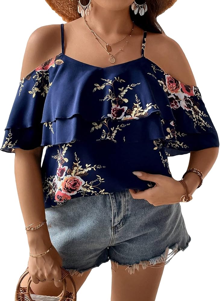 Verdusa Women's Plus Size Floral Print Cold Shoulder Ruffle Trim Half Sleeve Blouse Tops