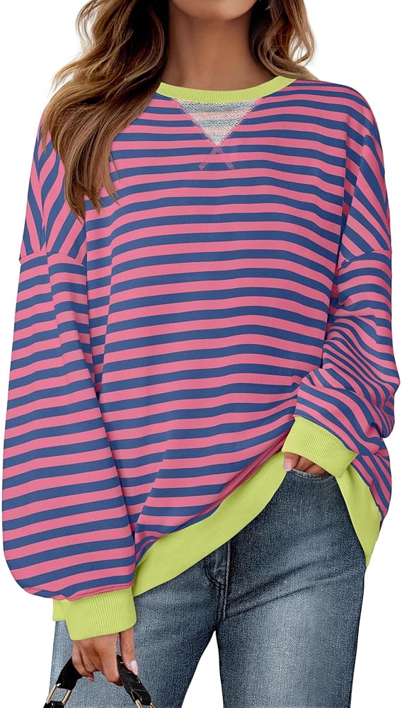 ZESICA Womens Casual Striped Pullover Tops Long Sleeve Shirts Crewneck Oversized Sweatshirts 2024 Fall Clothes