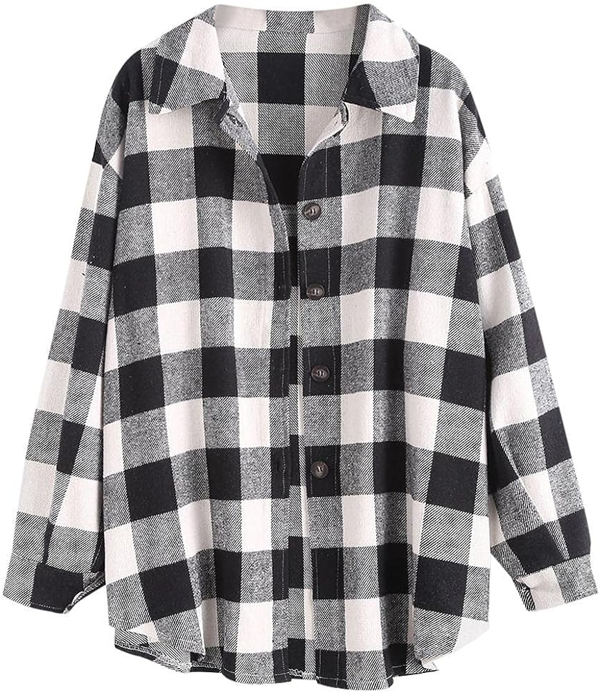 ZAFUL Women's Plaid Long Sleeve Shirt Button Down Wool Blend Thin Jacket Casual Blouse Tops with Pocket