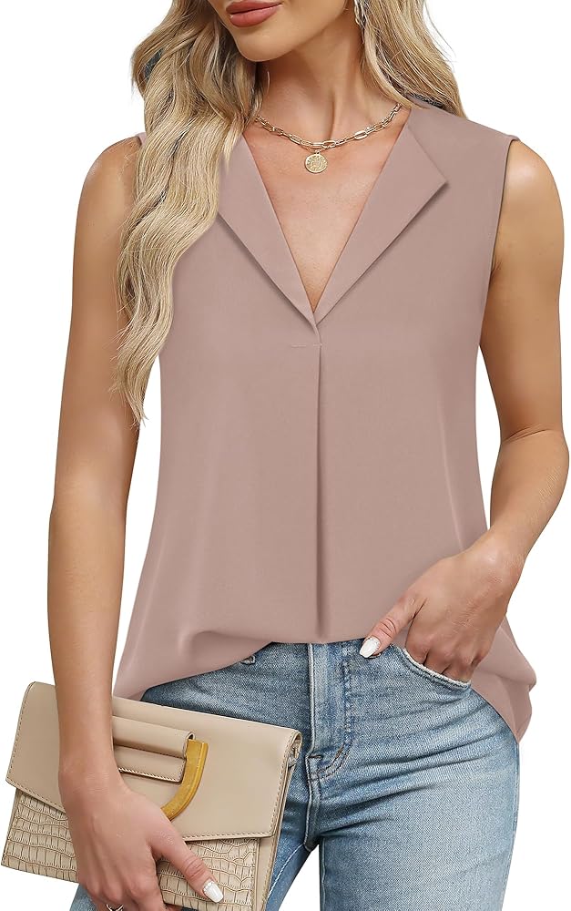 Unixseque Women's Casual V Neck Sleeveless Tunics Tank Tops Blouses Summer Office Work Shirts