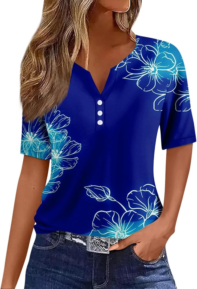 Summer Tops for Women 2024 Vacation Trendy V Neck Floral Short Sleeve Shirts Casual Loose Comfy Tunic Clothes