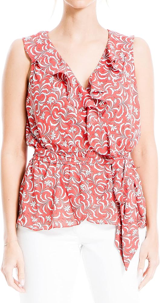 Max Studio Women's Sleeveless Ruffle Trim Print Blouse