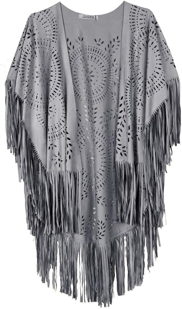 CHOiES record your inspired fashion Women's Suedette Cut Out Asymmetric Fringed Cape Kimono Blue Blouse with Tassel