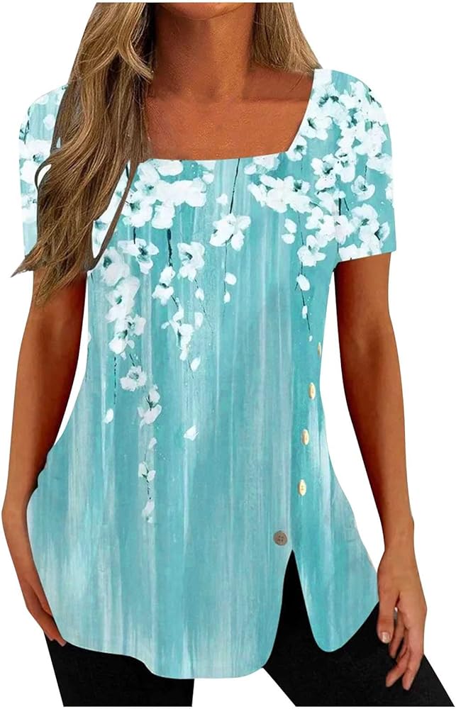 SMIDOW Plus Size Tunic Tops for Women Trendy 2024 Boho Floral Shirts Short Sleeve Notch v Neck t-Shirt Graphic Tees Blouse