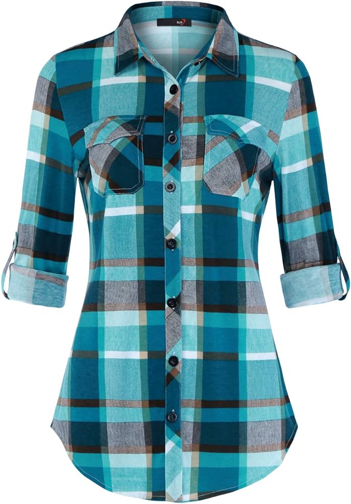 DJT Womens Soft Stretchy Knit Plaid Shirts Roll Up Long Sleeve Collared Button Down Blouses Tops