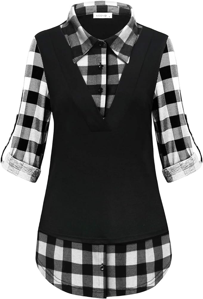 MOQIVG Womens Long Sleeve Contrast Collar Shirts Trendy Casual Plaid Patchwork Tunic Tops