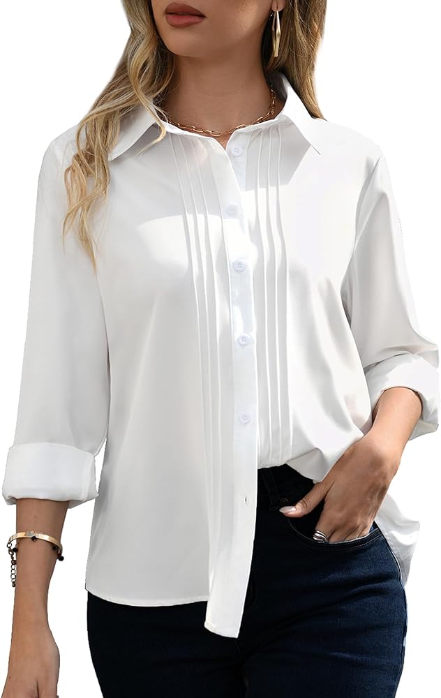 Womens Button Down Shirts Long Sleeve Classic Collared Tops Wrinkle-Free Stretch Formal Work Office Blouses