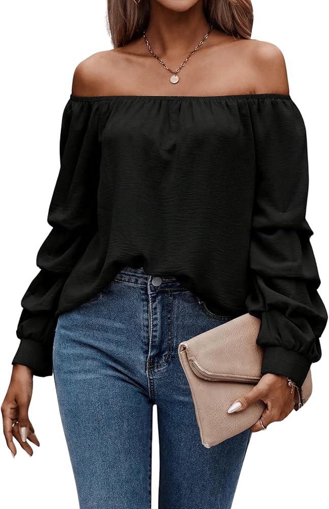 SOLY HUX Women's Off Shoulder Ruched Long Sleeve Casual Blouse Tops