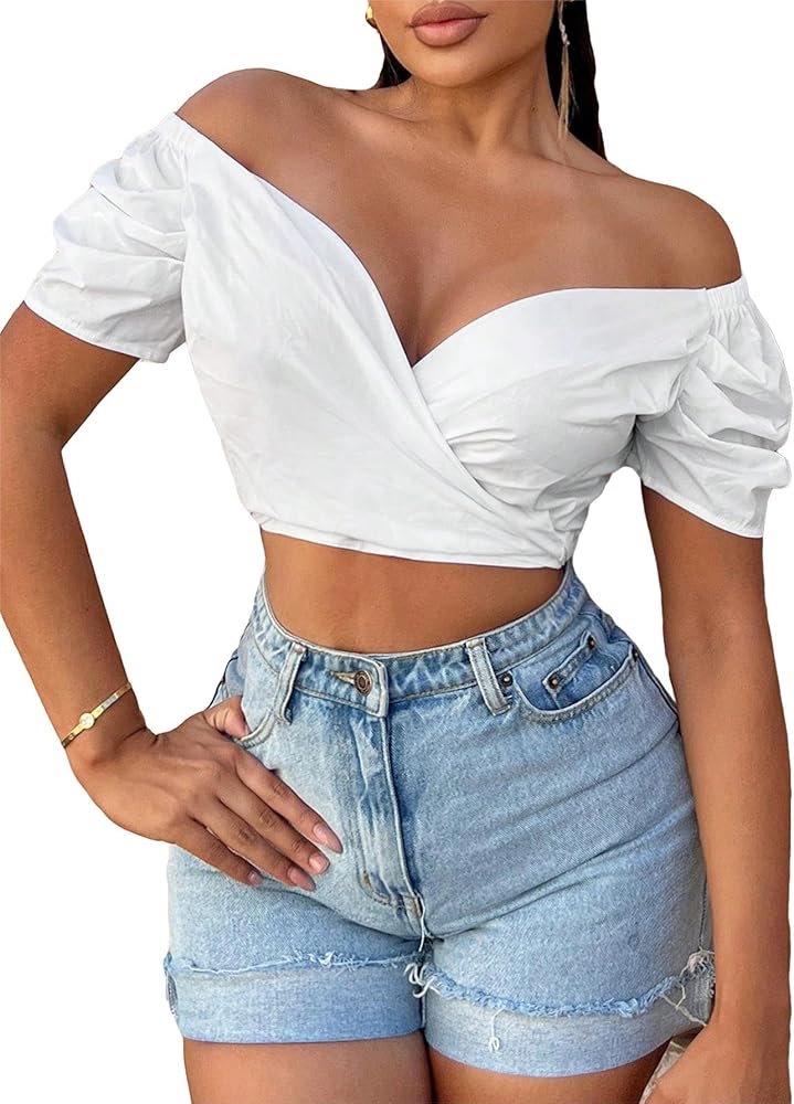 MakeMeChic Women's Casual Off Shoulder Blouse Puff Short Sleeve Wrap Front Tie Back Crop Top Summer Shirt