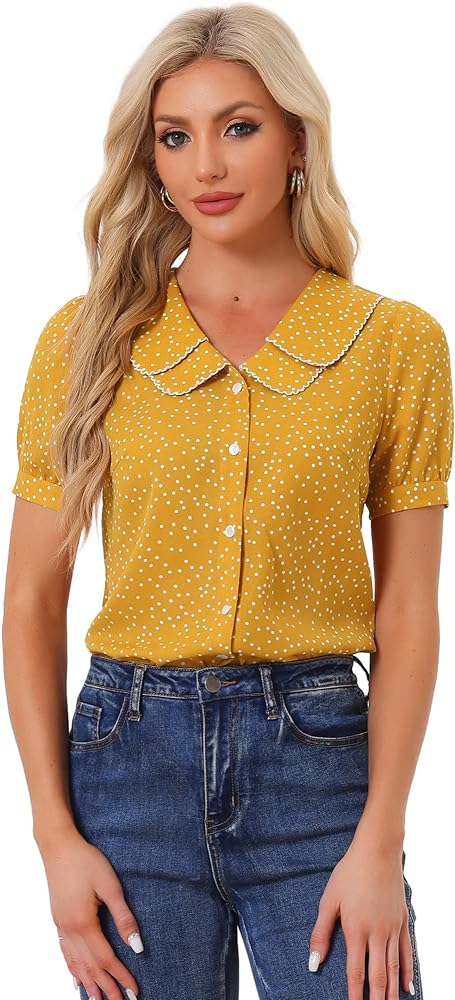 Allegra K Women's Vintage Polka Dots Peter Pan Collar Rockabilly Puff Short Sleeve Shirt Top