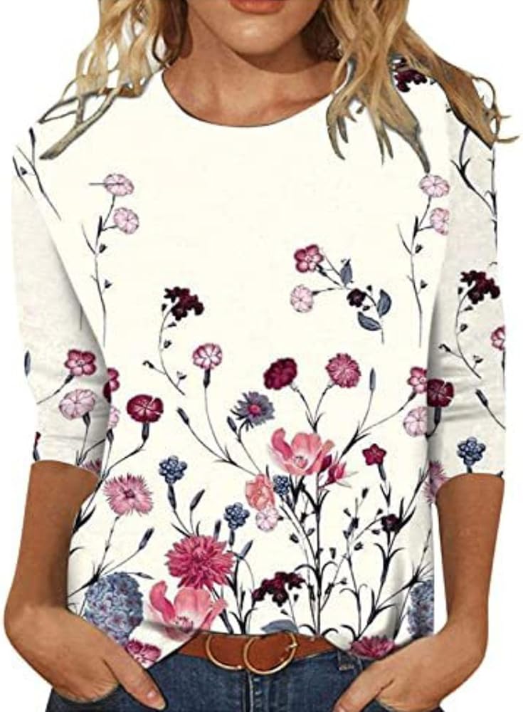 Womens 3/4 Length Sleeve Tops Floral Graphic T Shirts Loose Fit Crew Neck Casual Blouses Trendy Fashion