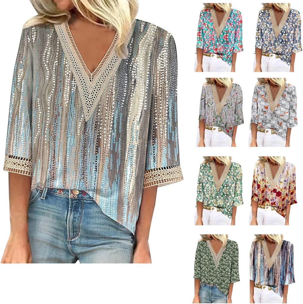 Women's Dressy Tops Summer Shirt Blouse Casual Loose 3/4 Sleeve Lace Trims Print V Neck Tops Tops Shirts Tee, S-3XL