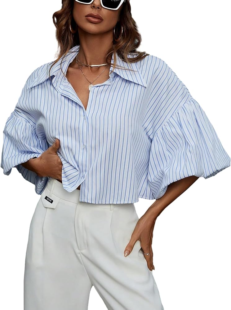 Verdusa Women's Casual Striped Puff Sleeve Drop Shoulder Button Up Shirt Crop Blouse Tops