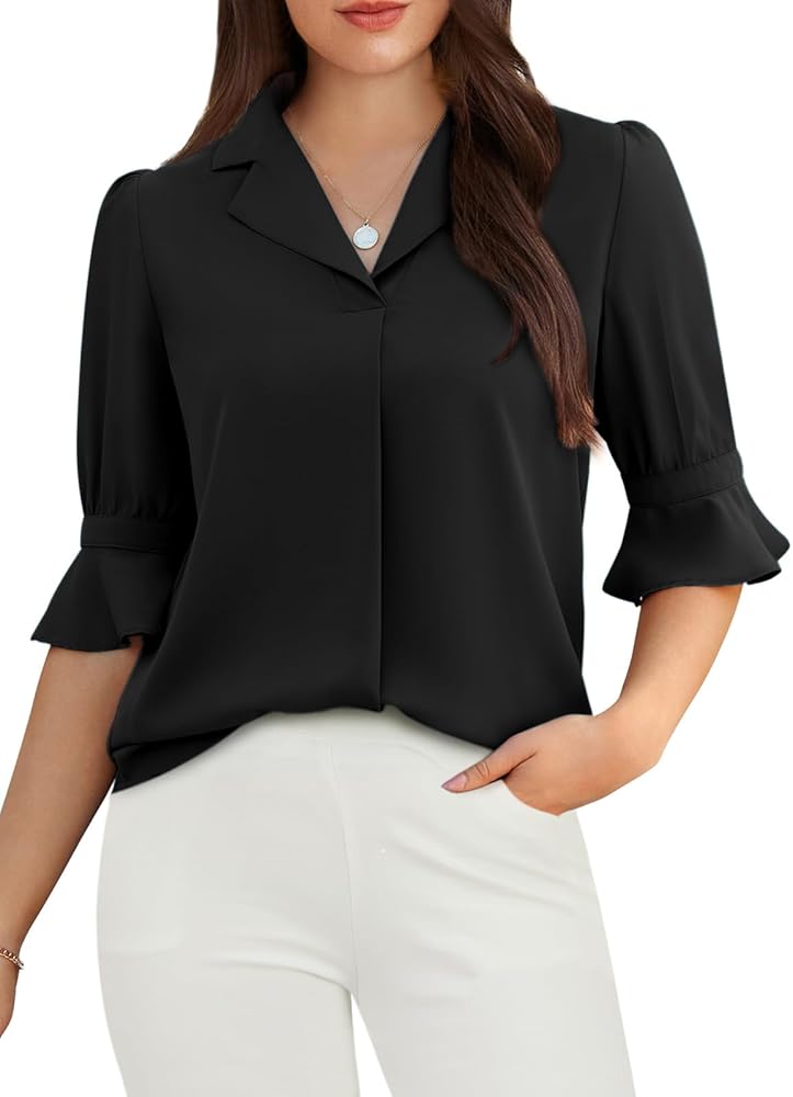 Womens 3/4 Ruffle Sleeve Tops Lapel V-Neck Work Blouses Dressy Casual Office Shirts