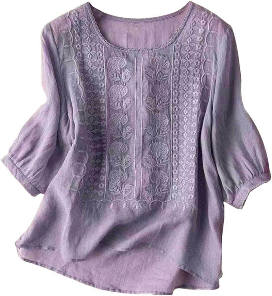 Vintage Embroidered Cotton Linen T Shirt for Women Casual Loose Fit Top Plus Size Symmetrical Fashion Blouse, Small