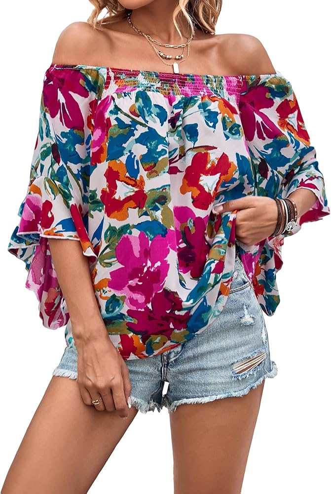 OYOANGLE Women's Boho Floral Print Off Shoulder 3/4 Sleeve Shirred Blouses Casual Top Shirts