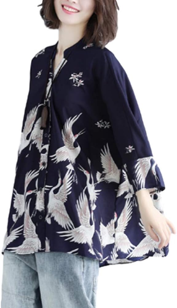 Women Japanese Style Crane Print Long Sleeve Chiffon Shirt Loose Fit Blouse