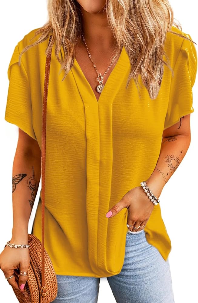 MLEBR Womens Summer Fashion Loose V Neck Cap Short Sleeve Blouses Tops and Shirts