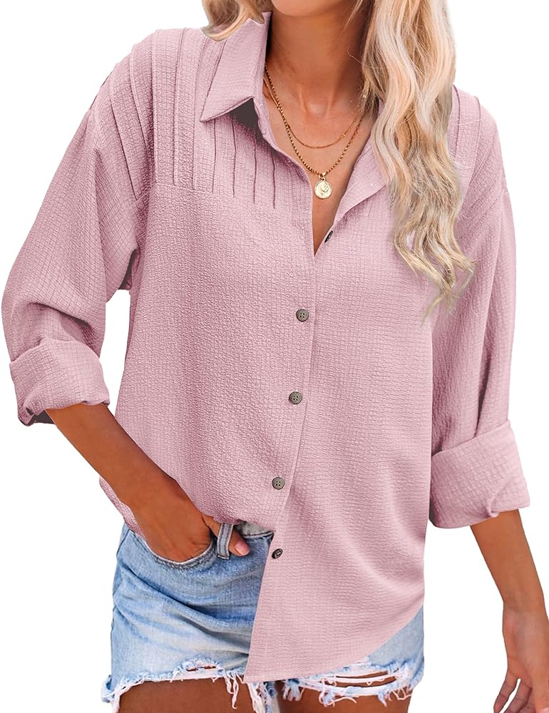 HOTOUCH Button Down Shirts for Women Casual Pleated Long Sleeve Shirt Textured Loose Fit Collared Blouse Tops