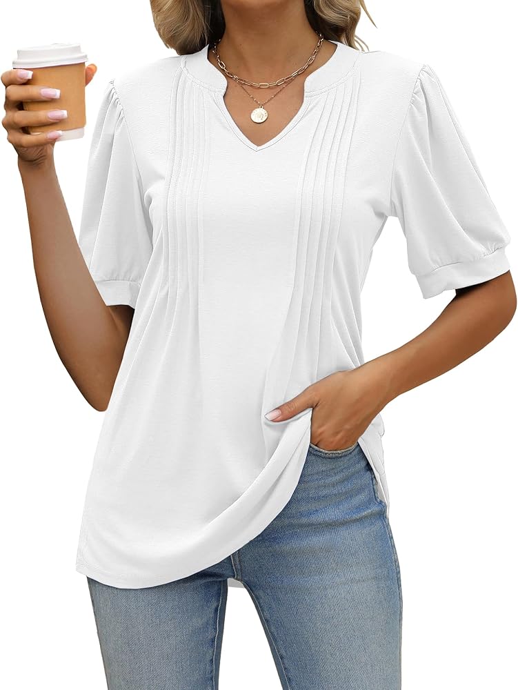 Womens Tops V Neck Puff Short Sleeve Summer Tshirts Casual Trendy Tunic Blouses