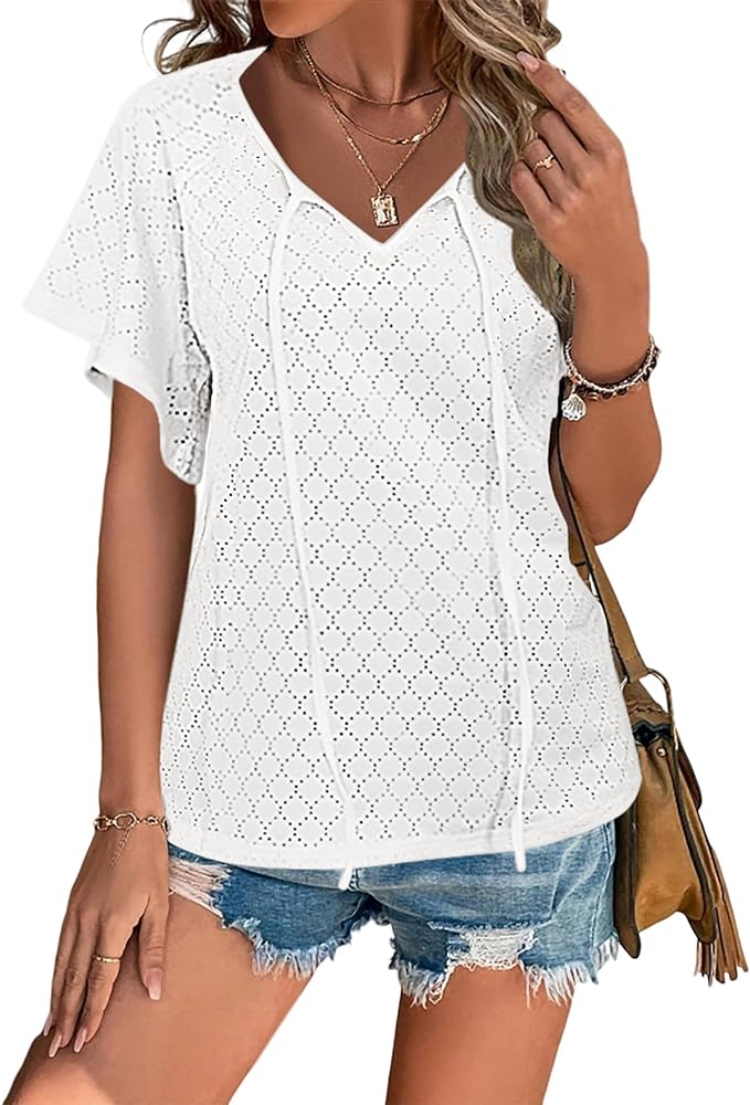 HOTOUCH Womens Casual Short Sleeve Blouse Tops Eyelet Embroidery Summer Spring Fashion Clothes 2024