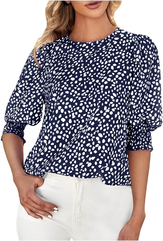 SMIDOW Puff Short Sleeve Tops for Women Casual Summer Fashion Polka Dot Shirts Crewneck Vacation Going Out Blouse