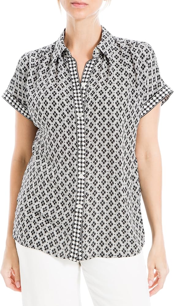 Max Studio Women's Short Sleeve Button Front Collar Blouse