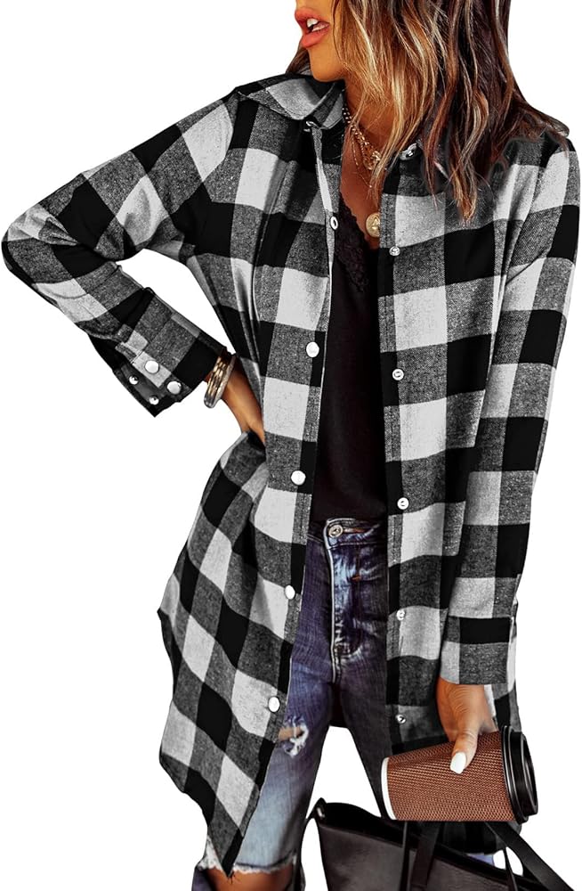 Zeagoo Flannel for Women 2024 Fall Fashion Long Sleeve Plaid Button Down Shirts Shacket Blouse Top with Pockets