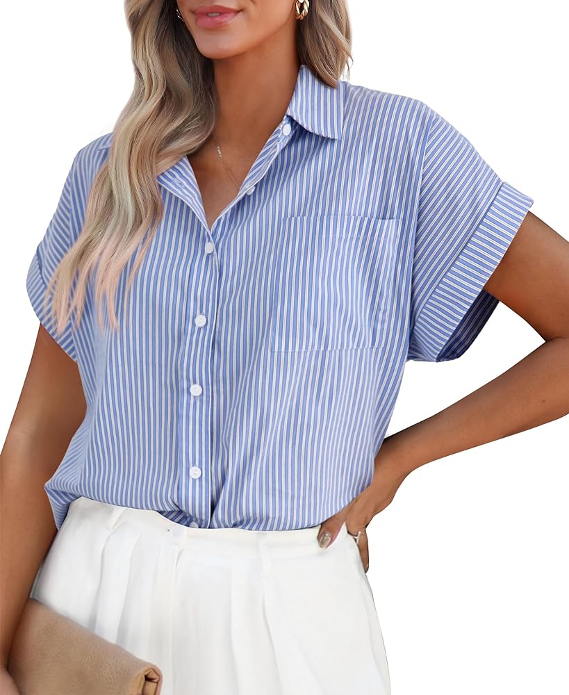 PRETTYGARDEN Summer Tops for Women 2024 Dressy Button Down Striped Shirt Collared Western Blouse Business Casual Clothes (Blue Stripe,S)