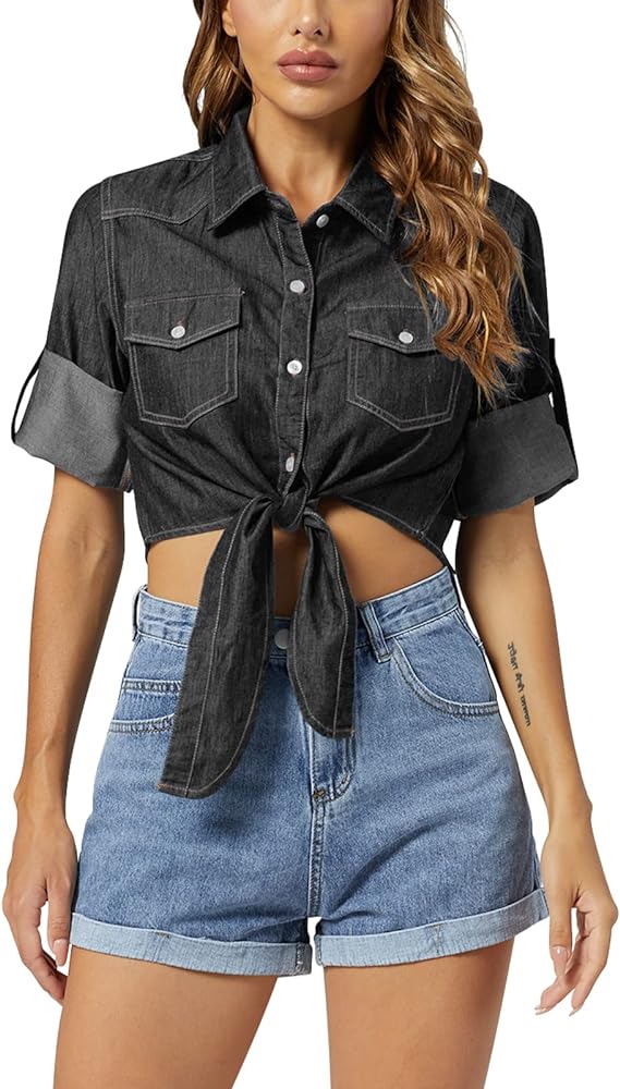 Women's Tie Front Chambray Shirts Roll Up 3/4 Sleeve Button Down Crop Denim Tops