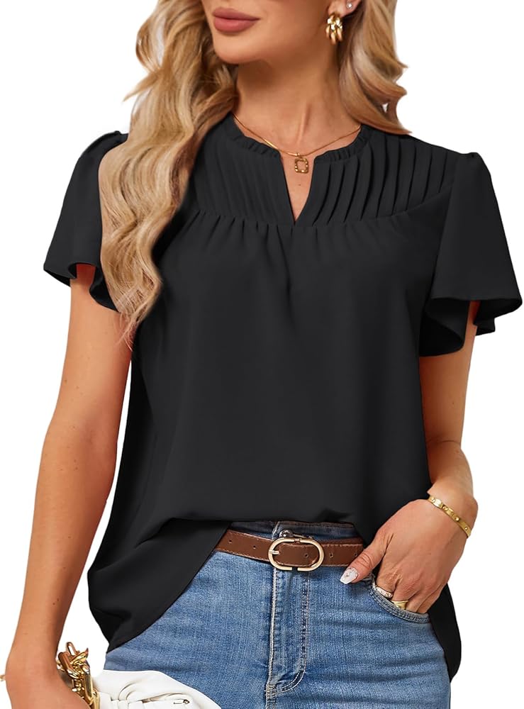 JASAMBAC Women's Summer Dressy Casual Blouses Loose Business Work Tops V Neck Short Sleeve Pleated Flowy T Shirts Blouses