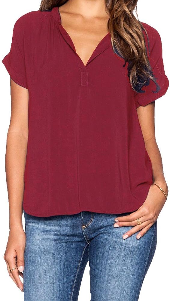 LILBETTER Women Chiffon Blouse V Neck Short Sleeve Top Shirts