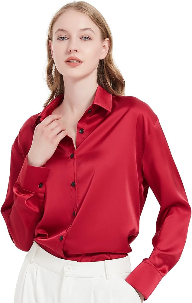 Satin Blouse for Women, Womens Button Down Shirts Long Sleeve Silk Tops Business Casual Outfits Fashion 2023