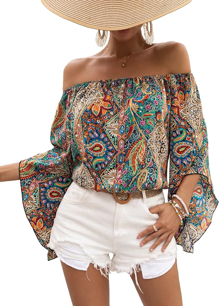 Floerns Women's Boho Off Shoulder 3/4 Bell Sleeve Summer Blouse Top