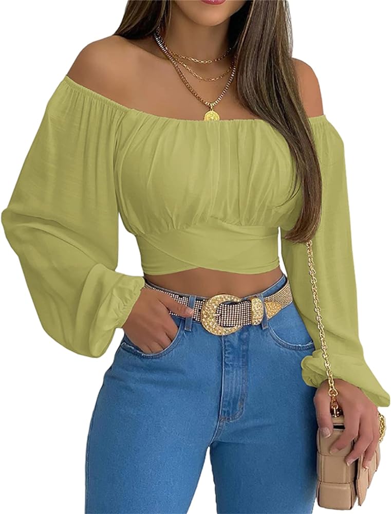 MIRACMODA Woman Off Shoulder Ruched Tie Back Crop Top Summer Lantern Sleeve Boho Shirt Blouse